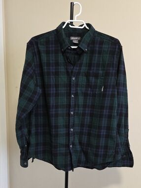 Eddie Bauer 100% Cotton  Green & Navy Plaid Button-Down Shirt